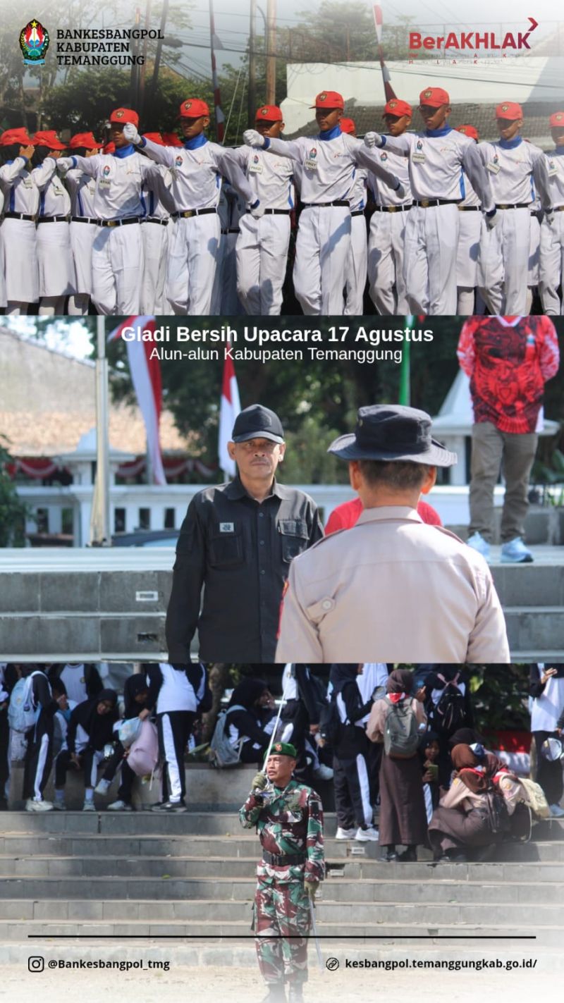 Bankesbangpol Kabupaten Temanggung melaksanakan kegiatan gladi bersih Upacara Pengibaran dan Penurunan Bendera dalam rangka HUT ke-81 Kemerdekaan Republik Indonesia.